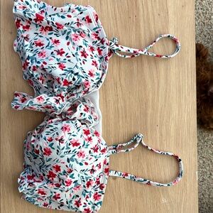 Women’s Floral Print Swim Top - White with Pink & Red Flowers